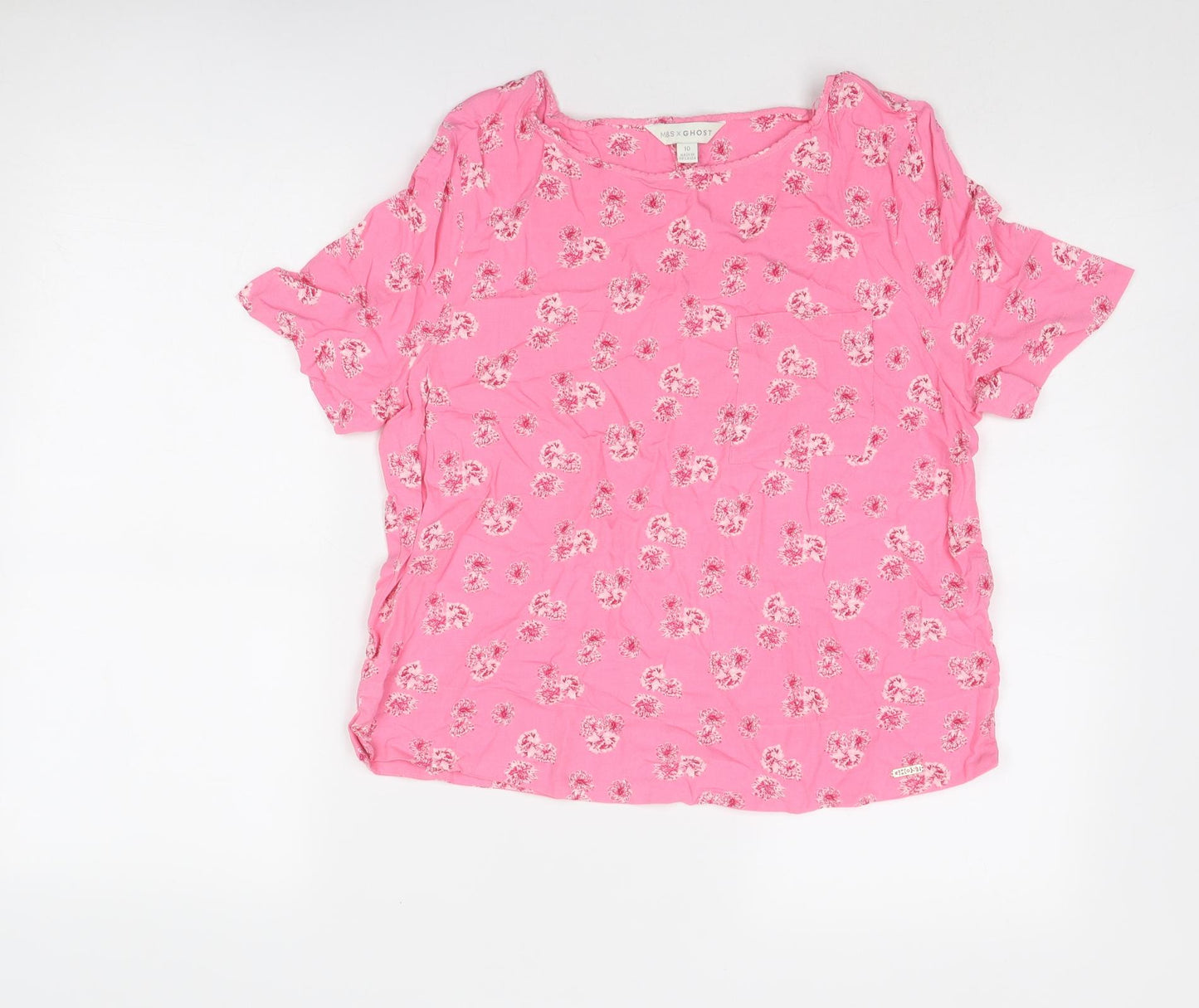 Marks and Spencer Womens Pink Floral Viscose Basic Blouse Size 10 Boat Neck