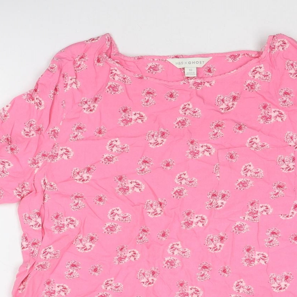 Marks and Spencer Womens Pink Floral Viscose Basic Blouse Size 10 Boat Neck
