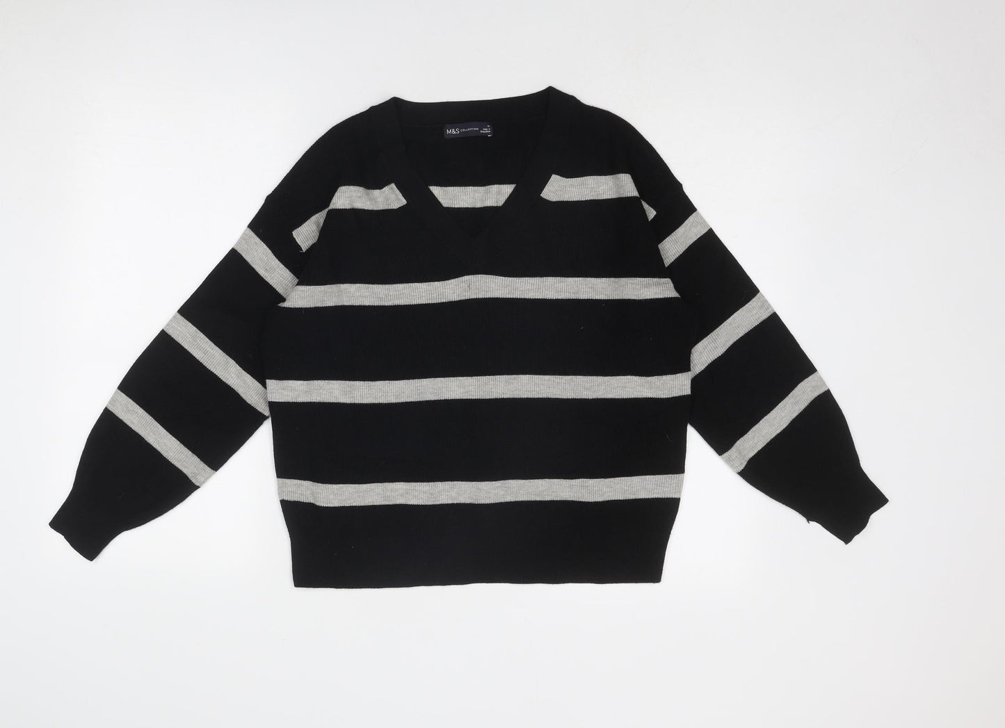 Marks and Spencer Womens Black V-Neck Striped Viscose Pullover Jumper Size M