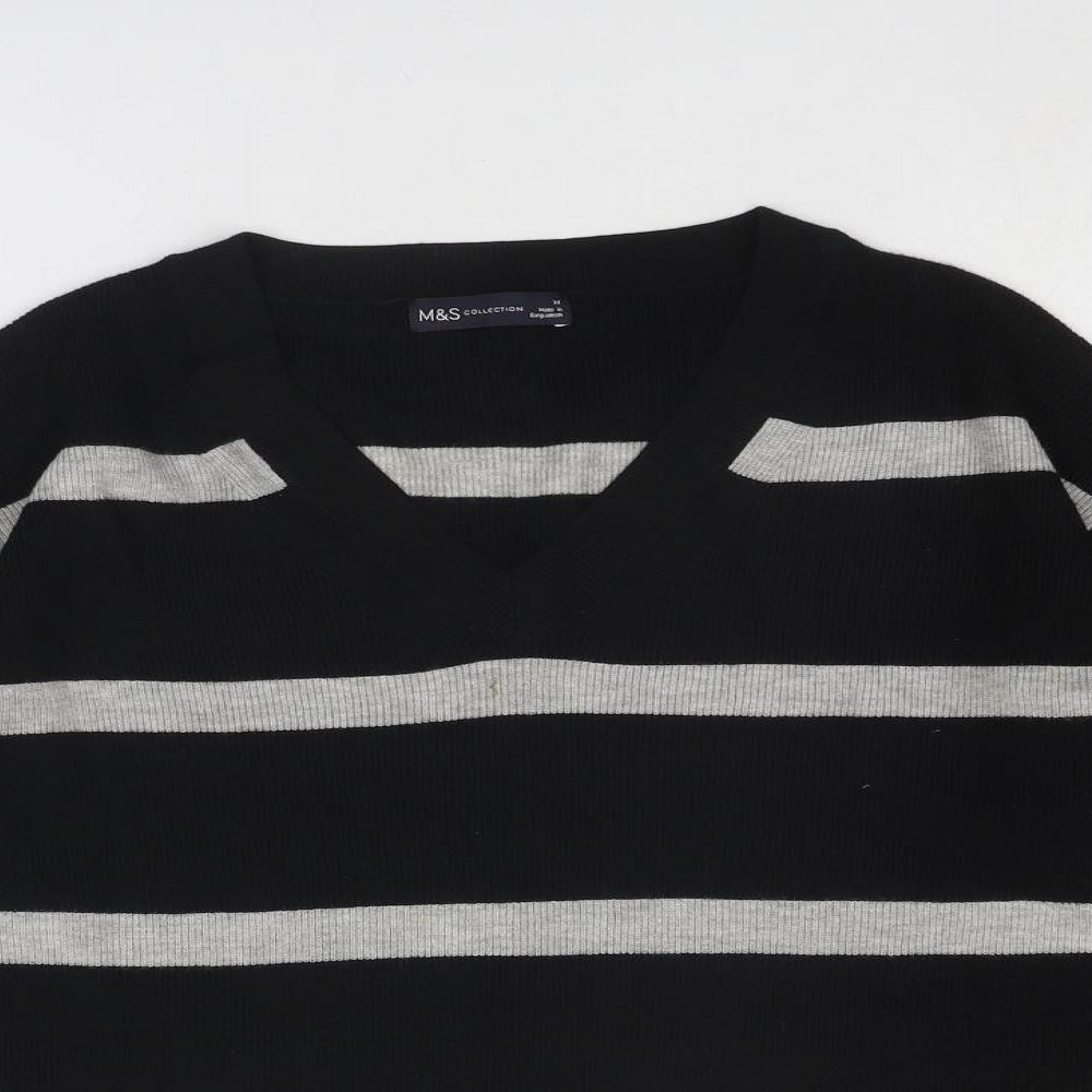 Marks and Spencer Womens Black V-Neck Striped Viscose Pullover Jumper Size M