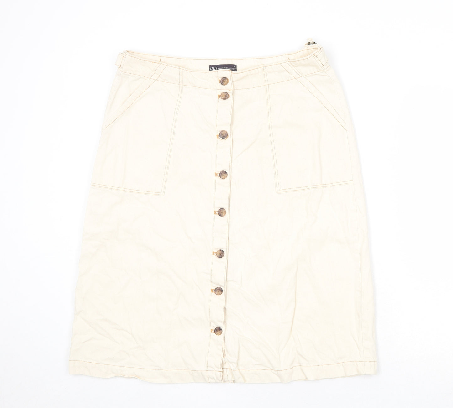 Marks and Spencer Womens Beige Cotton A-Line Skirt Size 14 Button
