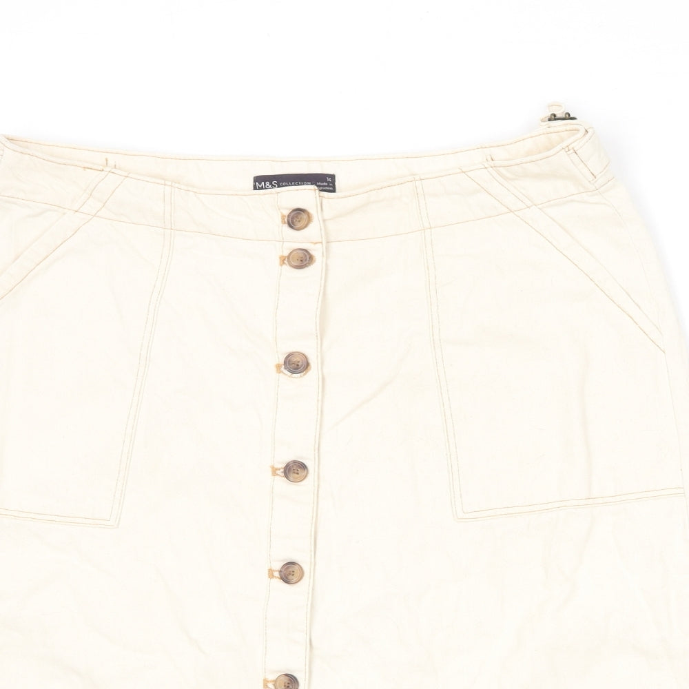 Marks and Spencer Womens Beige Cotton A-Line Skirt Size 14 Button