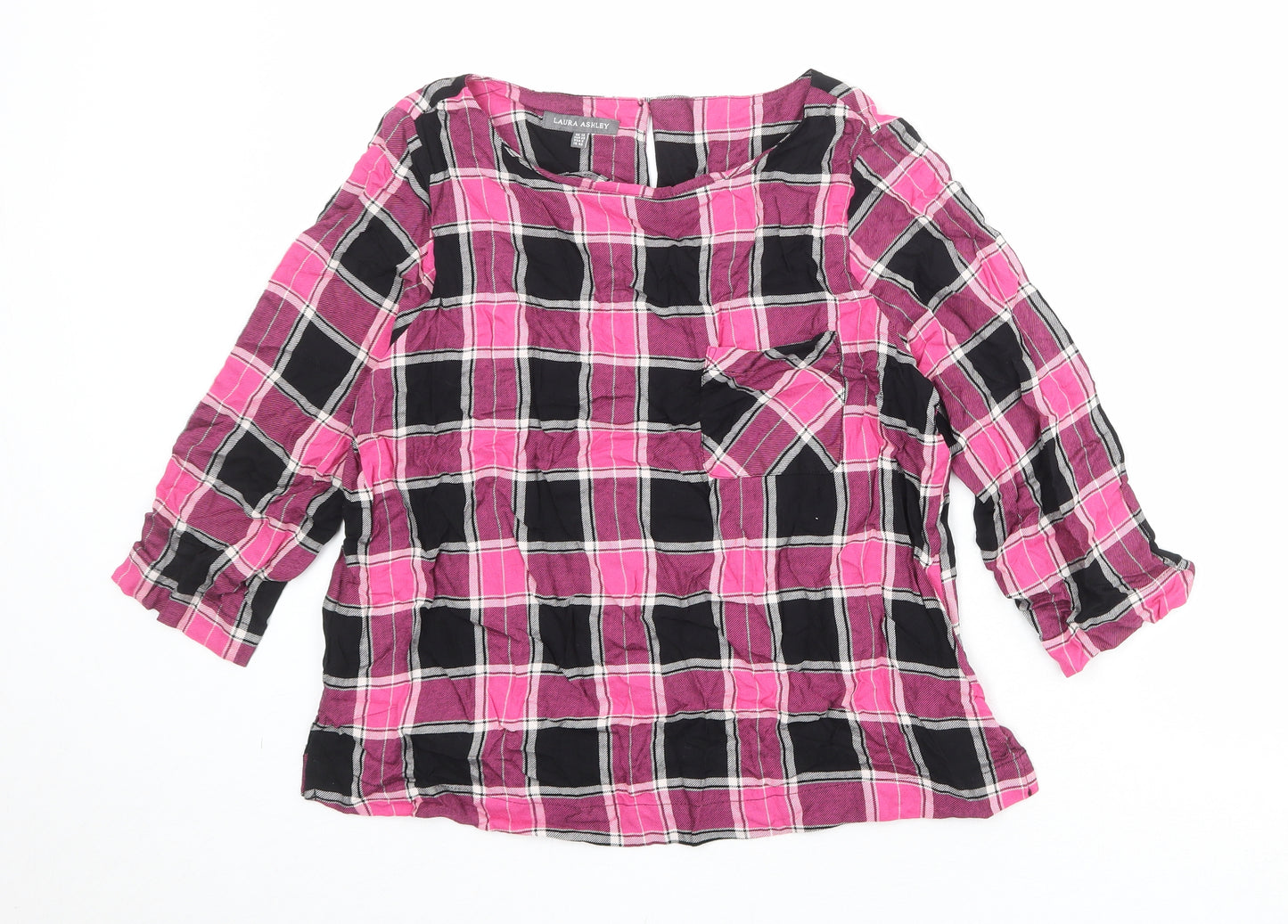 Laura Ashley Womens Pink Plaid Viscose Basic Blouse Size 12 Boat Neck