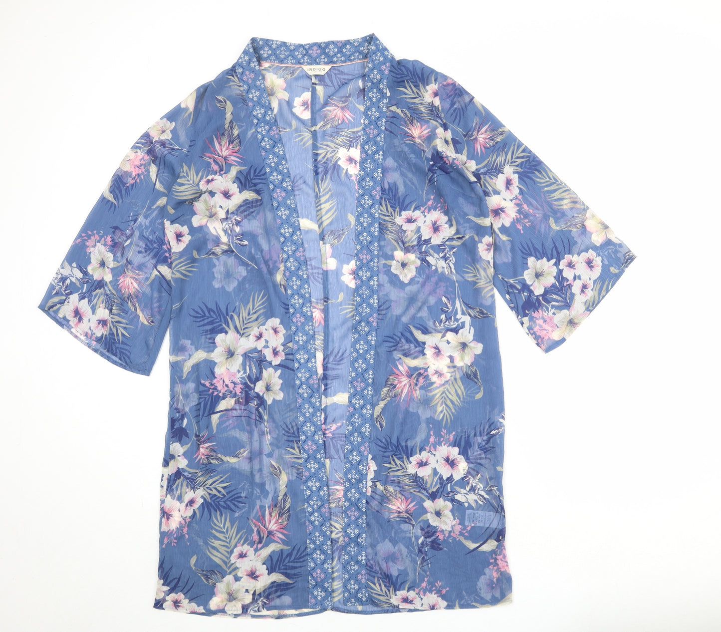 Marks and Spencer Womens Blue Floral Polyester Kimono Blouse Size 14 V-Neck