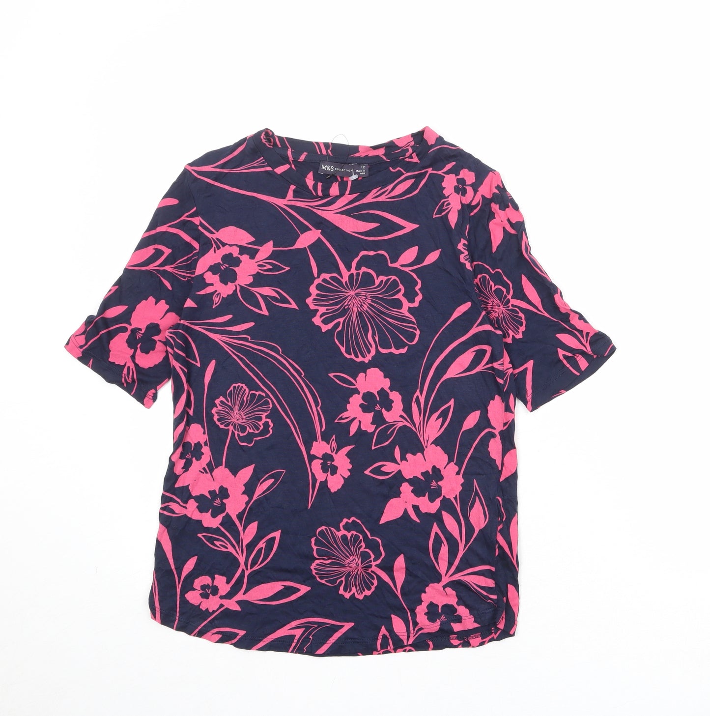 Marks and Spencer Womens Blue Floral Viscose Basic Blouse Size 12 Boat Neck