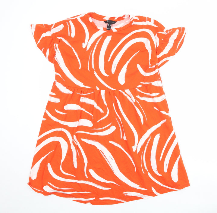 New Look Womens Orange Geometric 100% Cotton T-Shirt Dress Size 6 Round Neck Pullover