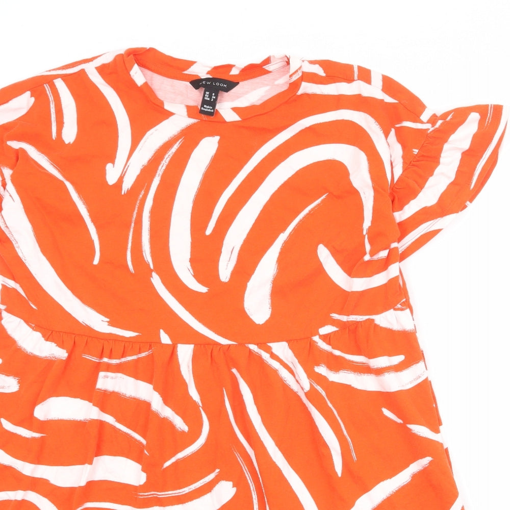 New Look Womens Orange Geometric 100% Cotton T-Shirt Dress Size 6 Round Neck Pullover