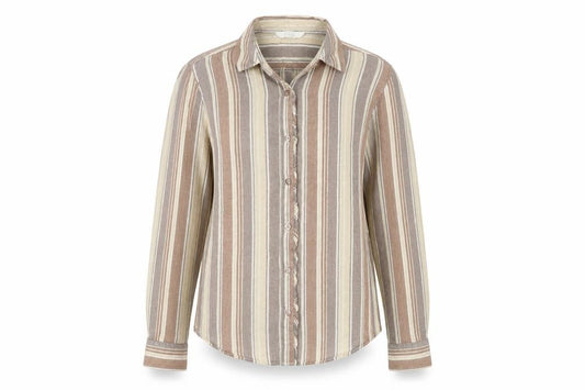 Front view of Marks & Spencer women’s multicoloured striped cotton basic button-up, size UK 10, collared