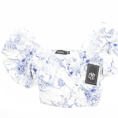 Naanaa Womens White Floral Polyester Cropped Blouse Size 8 Sweetheart - Puff Sleeve