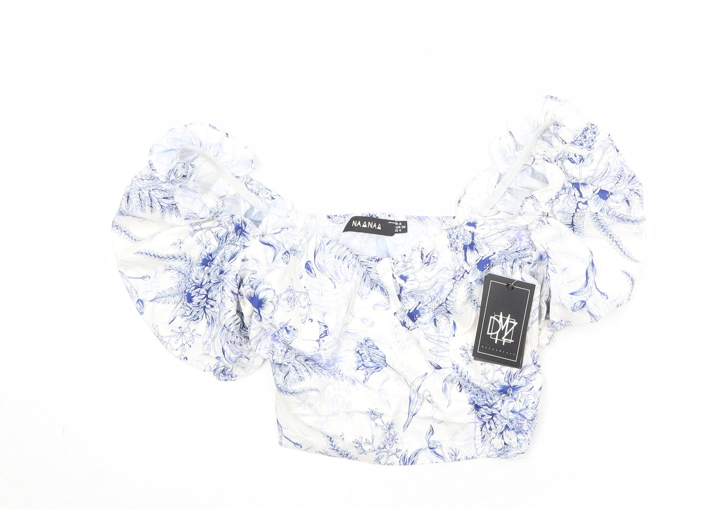 Naanaa Womens White Floral Polyester Cropped Blouse Size 8 Sweetheart - Puff Sleeve