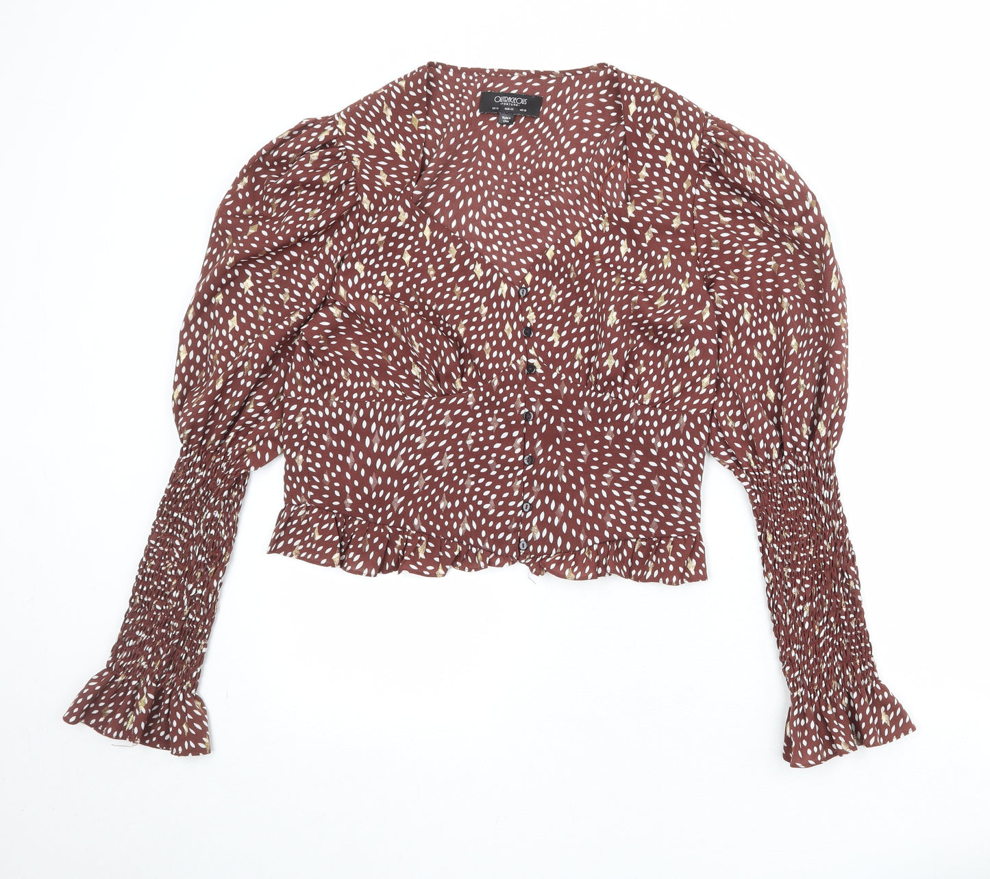 Outrageous Fortune Womens Brown Geometric Polyester Basic Blouse Size 14 V-Neck - Ruffle Sleeve