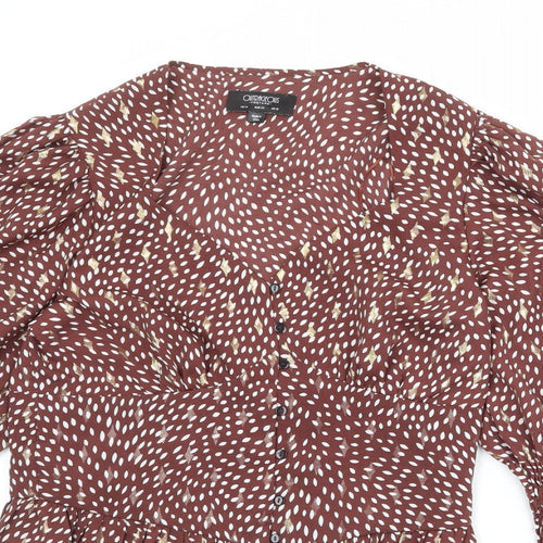 Outrageous Fortune Womens Brown Geometric Polyester Basic Blouse Size 14 V-Neck - Ruffle Sleeve