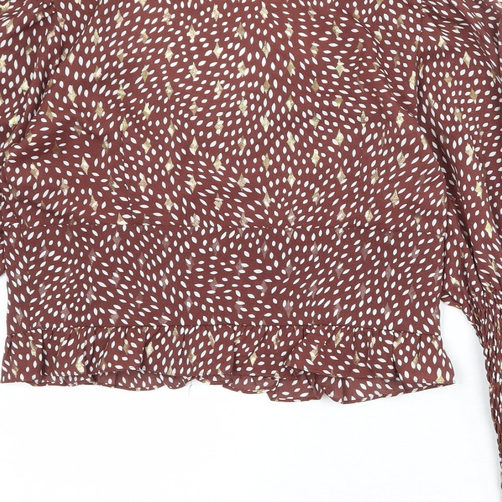 Outrageous Fortune Womens Brown Geometric Polyester Basic Blouse Size 14 V-Neck - Ruffle Sleeve