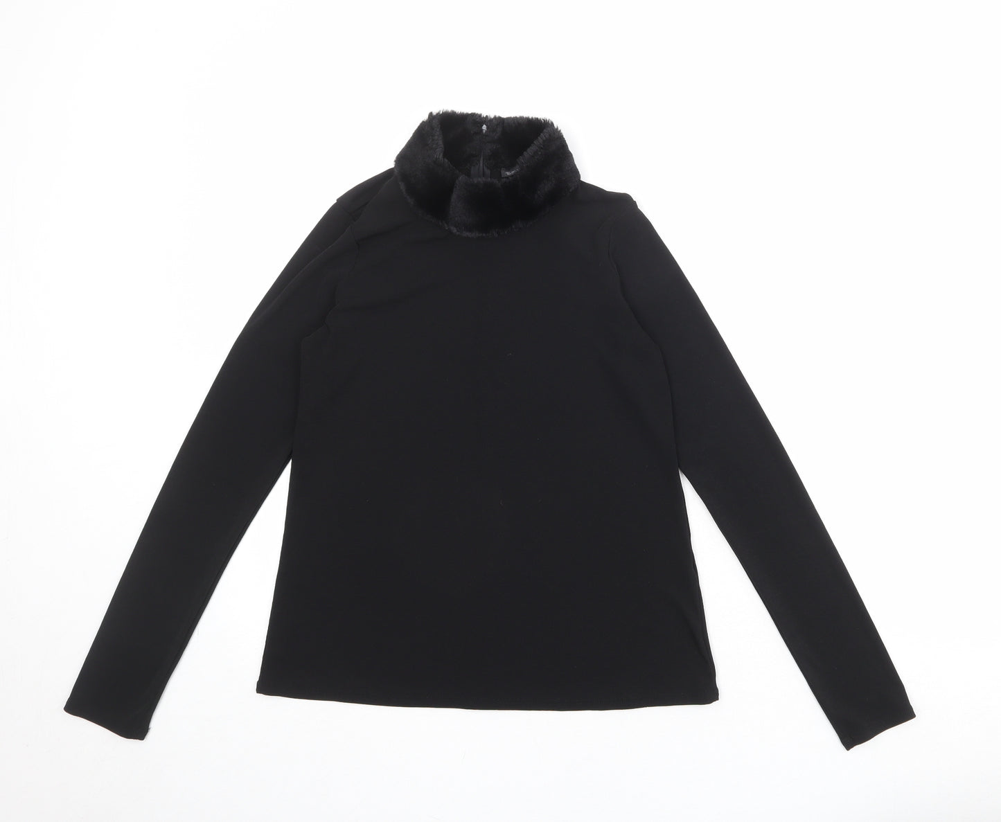 Zara Womens Black Polyester Basic Blouse Size L High Neck - Faux Fur Collar