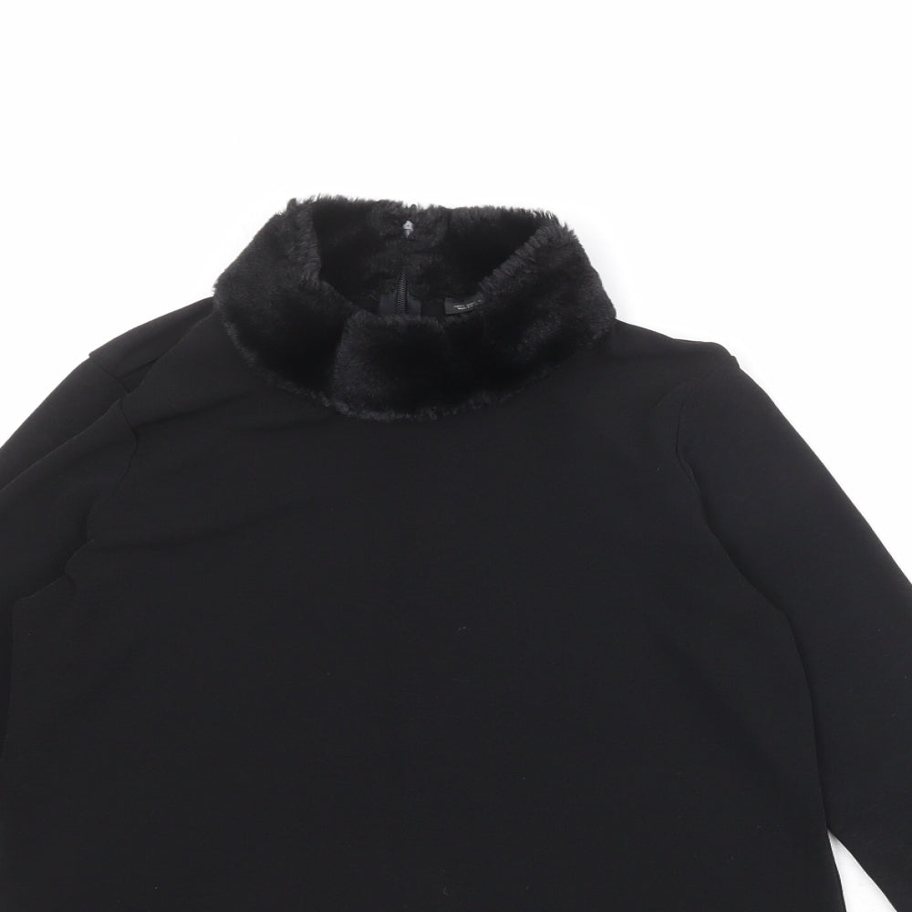Zara Womens Black Polyester Basic Blouse Size L High Neck - Faux Fur Collar