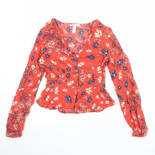 H&M Womens Red Floral Viscose Basic Button-Up Size 6 V-Neck