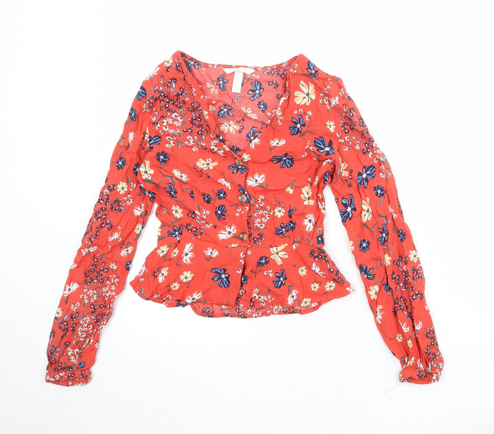 H&M Womens Red Floral Viscose Basic Button-Up Size 6 V-Neck