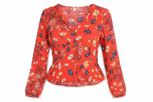 Front view of H&M women’s red floral viscose basic button-up, size UK 6, v-neck