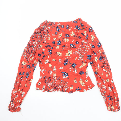 H&M Womens Red Floral Viscose Basic Button-Up Size 6 V-Neck
