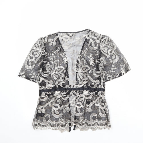 Debenhams Womens Black Geometric Polyester Kimono Blouse Size 8 V-Neck