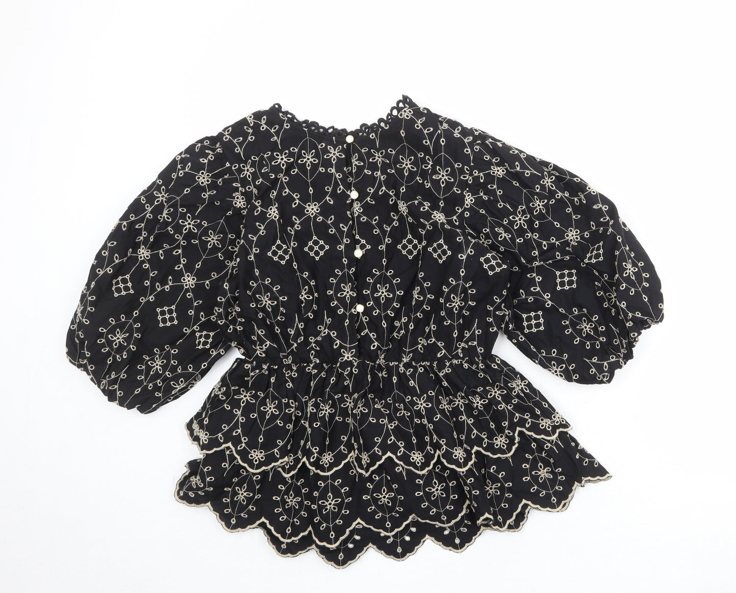 River Island Womens Black Geometric Cotton Basic Blouse Size 10 Round Neck