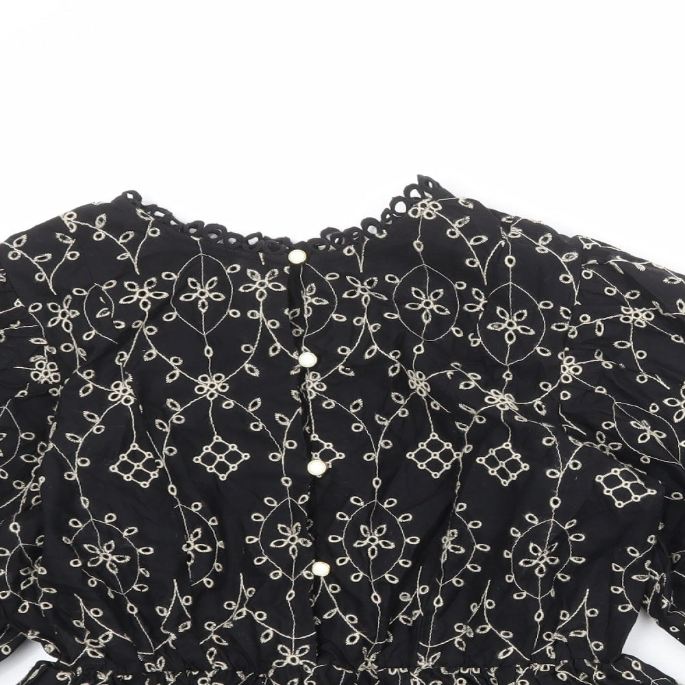 River Island Womens Black Geometric Cotton Basic Blouse Size 10 Round Neck
