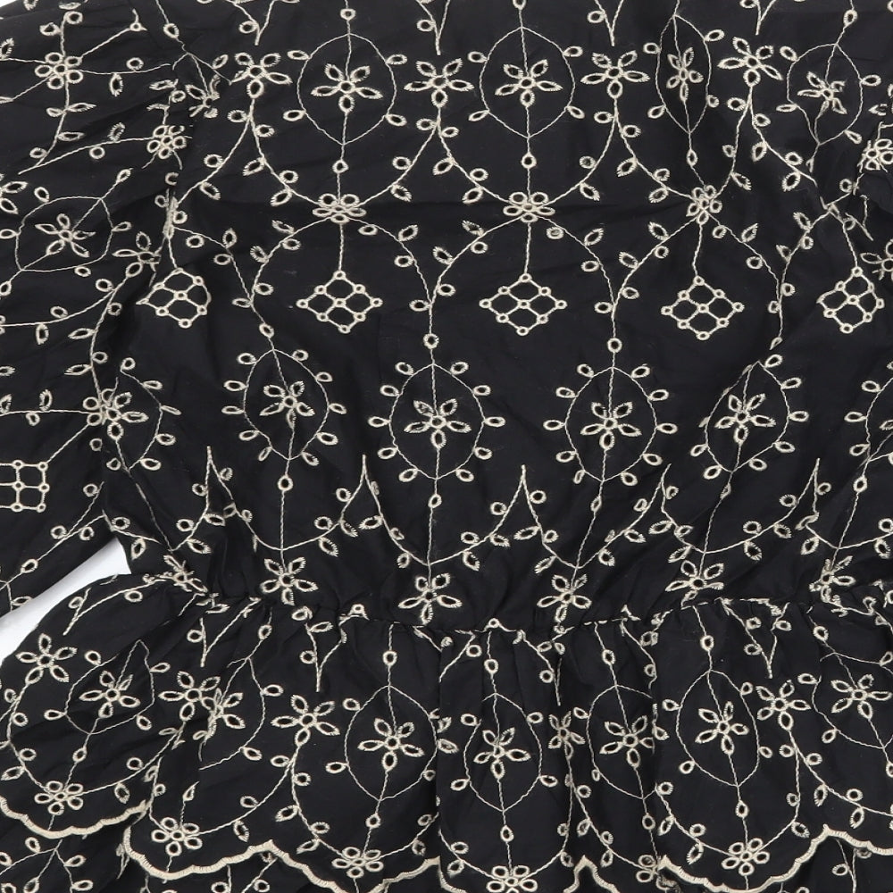 River Island Womens Black Geometric Cotton Basic Blouse Size 10 Round Neck