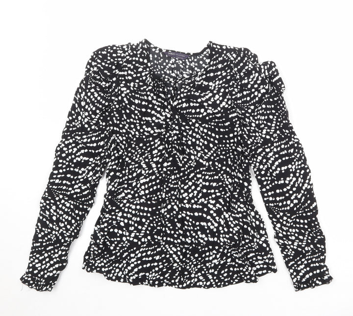 Marks and Spencer Womens Black Geometric Viscose Basic Blouse Size 8 Round Neck