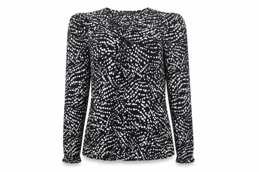 Front view of Marks & Spencer women’s black geometric viscose basic blouse, size UK 8, round neck