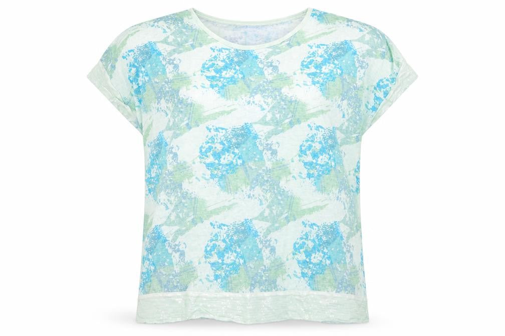Front view of Klass women’s multicoloured geometric cotton basic t-shirt, size UK 12, round neck