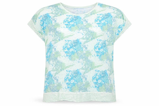 Front view of Klass women’s multicoloured geometric cotton basic t-shirt, size UK 12, round neck
