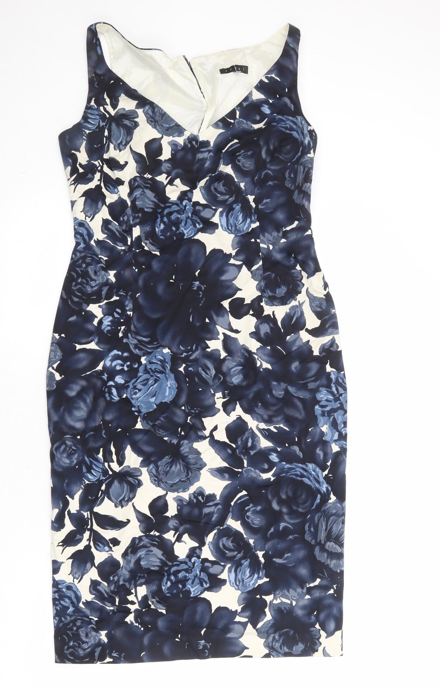 Coast Womens Blue Floral Cotton Shift Size 14 V-Neck Button