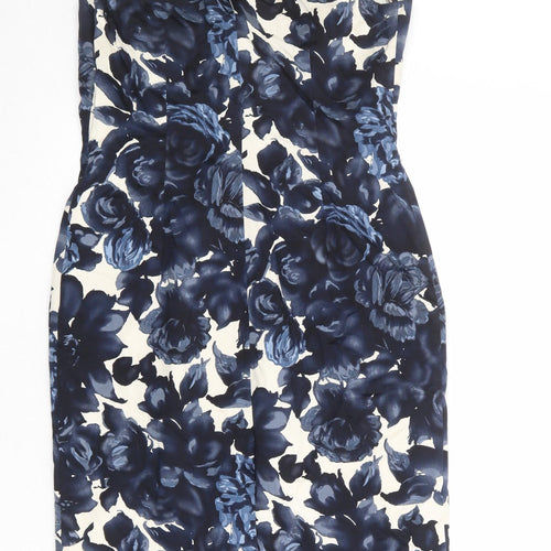 Coast Womens Blue Floral Cotton Shift Size 14 V-Neck Button