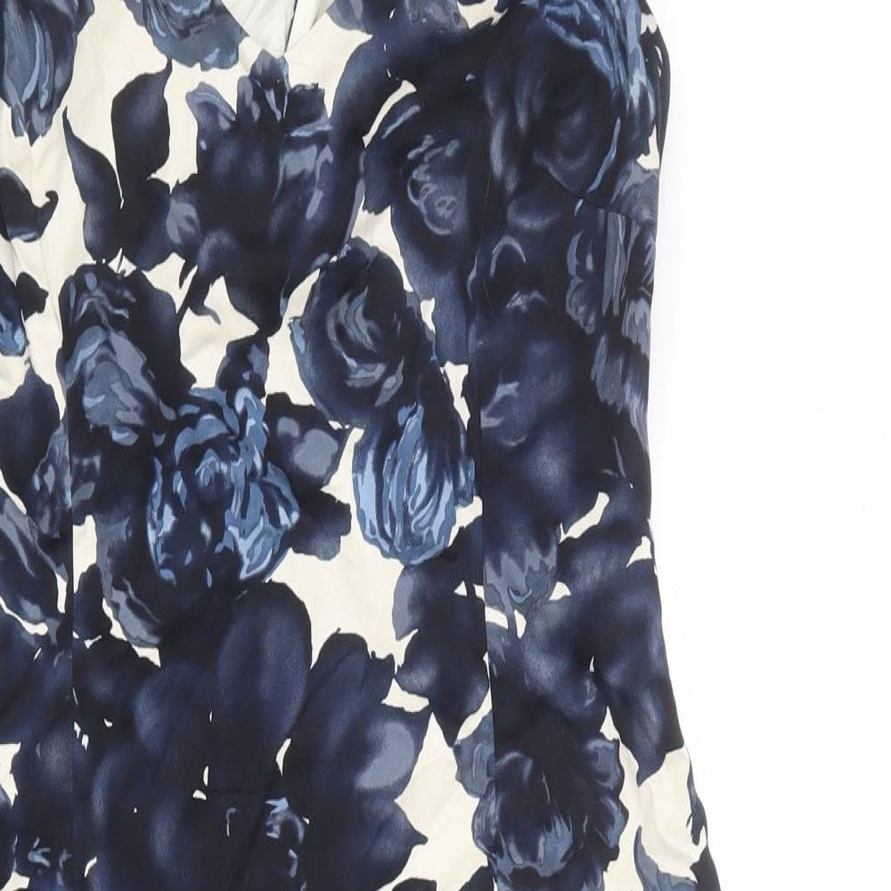 Coast Womens Blue Floral Cotton Shift Size 14 V-Neck Button