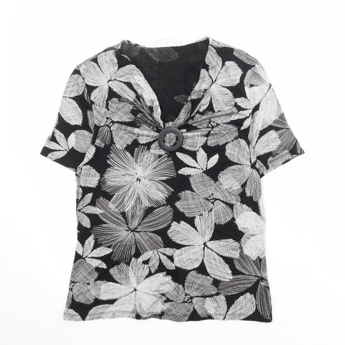 CC Womens Black Floral Viscose Basic T-Shirt Size M V-Neck