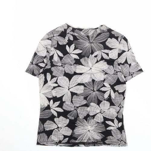 CC Womens Black Floral Viscose Basic T-Shirt Size M V-Neck