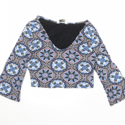 Miss Selfridge Womens Multicoloured Geometric Viscose Cropped T-Shirt Size 8 V-Neck