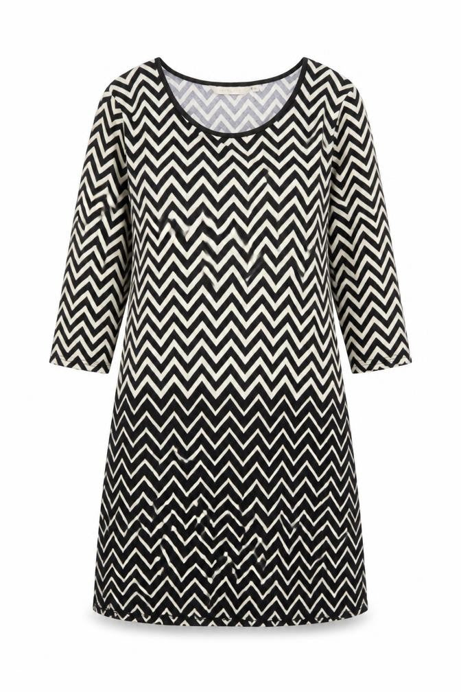 Front view of Epilogue women’s black geometric polyester a-line, size UK 12, round neck pullover