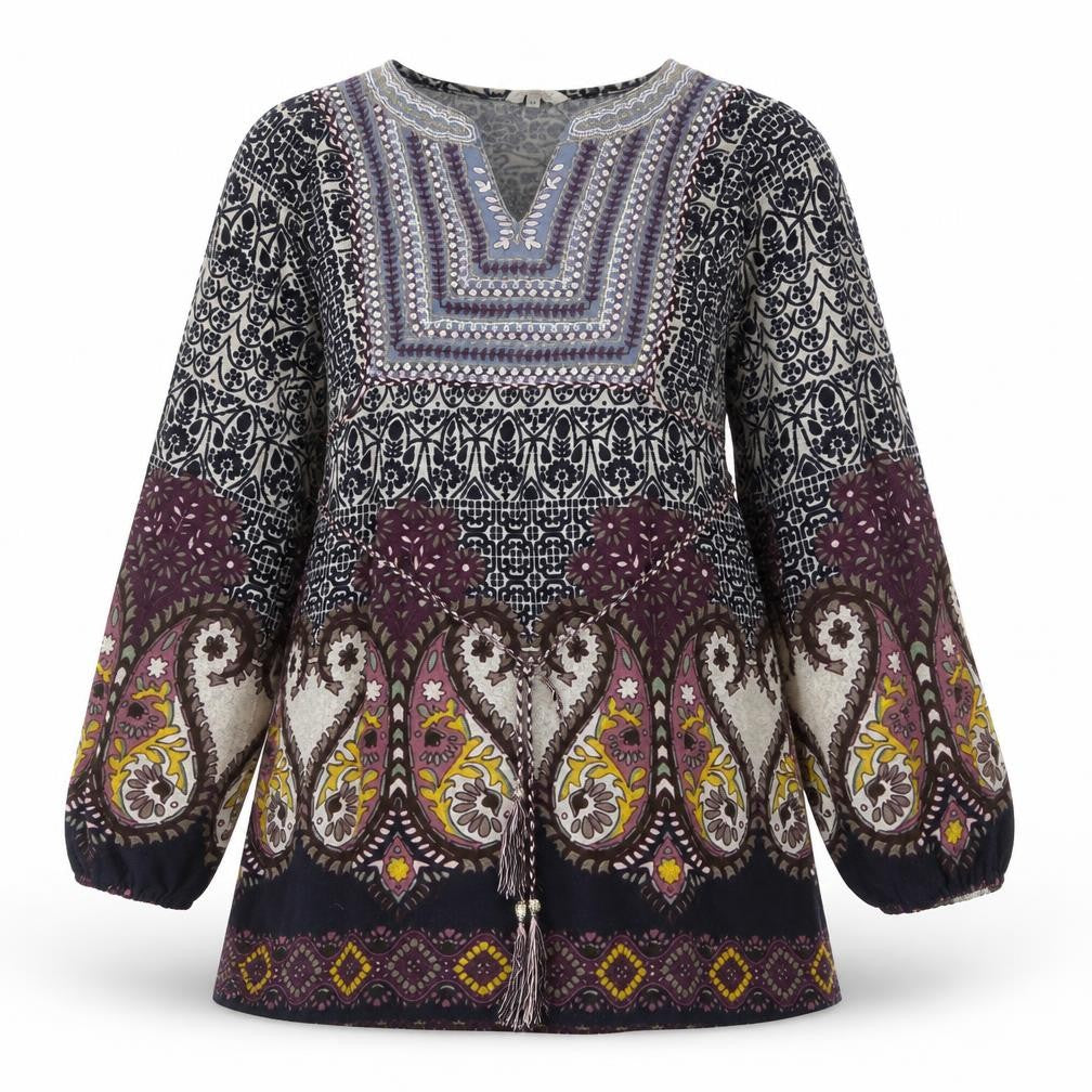 Front view of New Look women’s multicoloured geometric polyester a-line, size UK 14, v-neck pullover