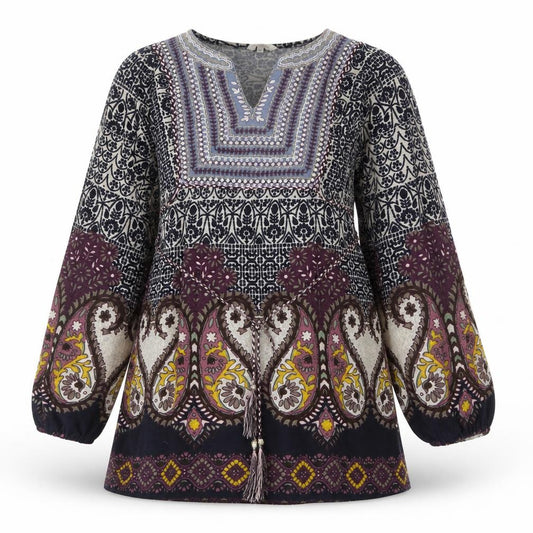 Front view of New Look women’s multicoloured geometric polyester a-line, size UK 14, v-neck pullover