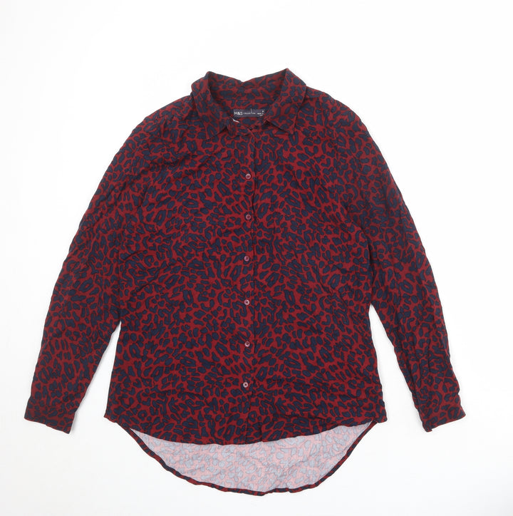 Marks and Spencer Womens Red Animal Print Viscose Basic Button-Up Size 8 Collared - Leopard Pattern