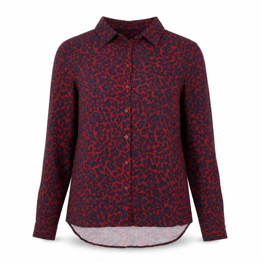 Front view of Marks & Spencer women’s red animal print viscose basic button-up, size UK 8, collared - leopard pattern