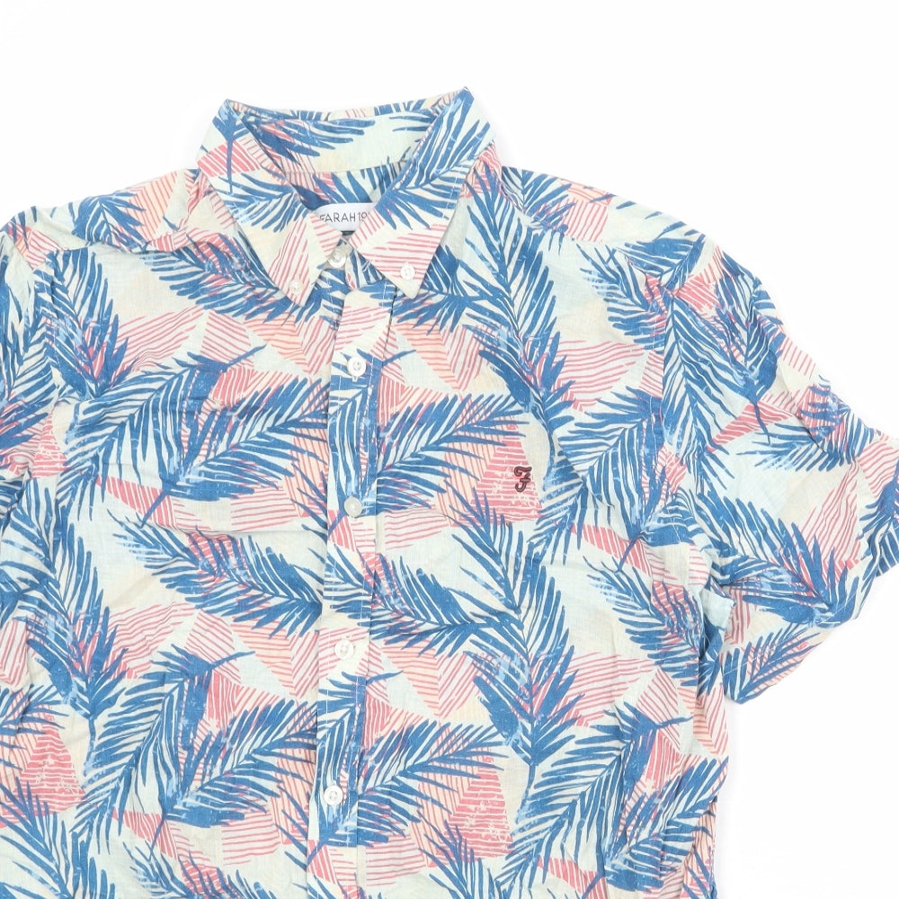 Farah Mens Multicoloured Geometric Linen Button-Up Size L Collared Button - Palm Print