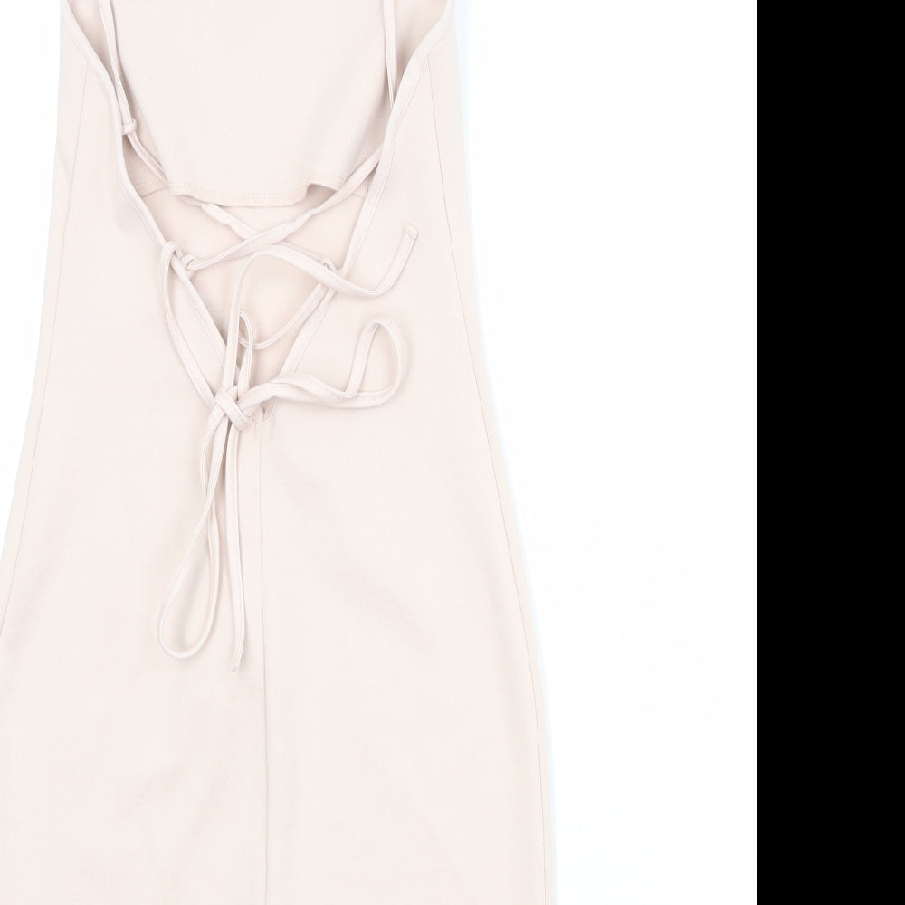 Topshop Womens Beige Polyester Slip Dress Size 6 Square Neck Tie