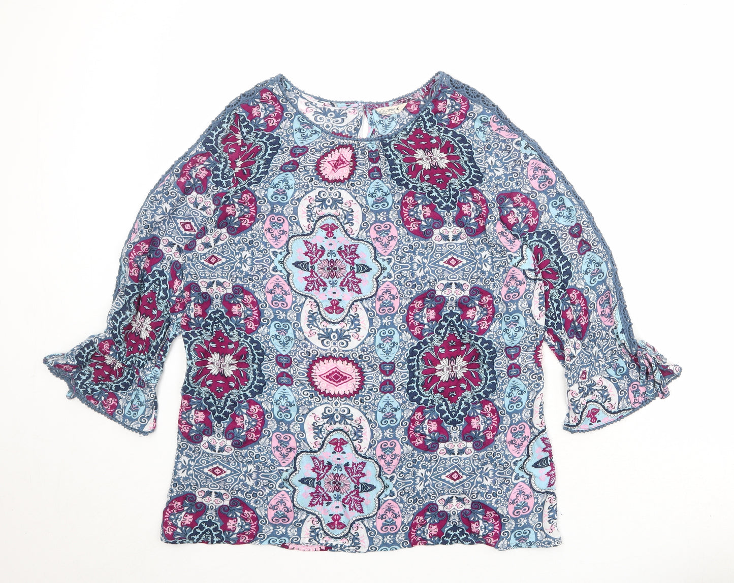 M&Co Womens Multicoloured Geometric Viscose Basic Blouse Size 10 Round Neck