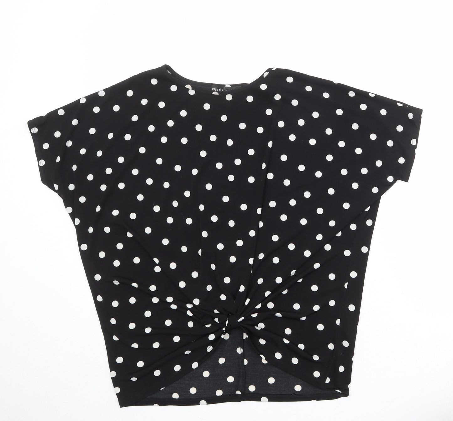 Just Elegance Womens Black Polka Dot Polyester Basic T-Shirt Size S Round Neck - Knot Front