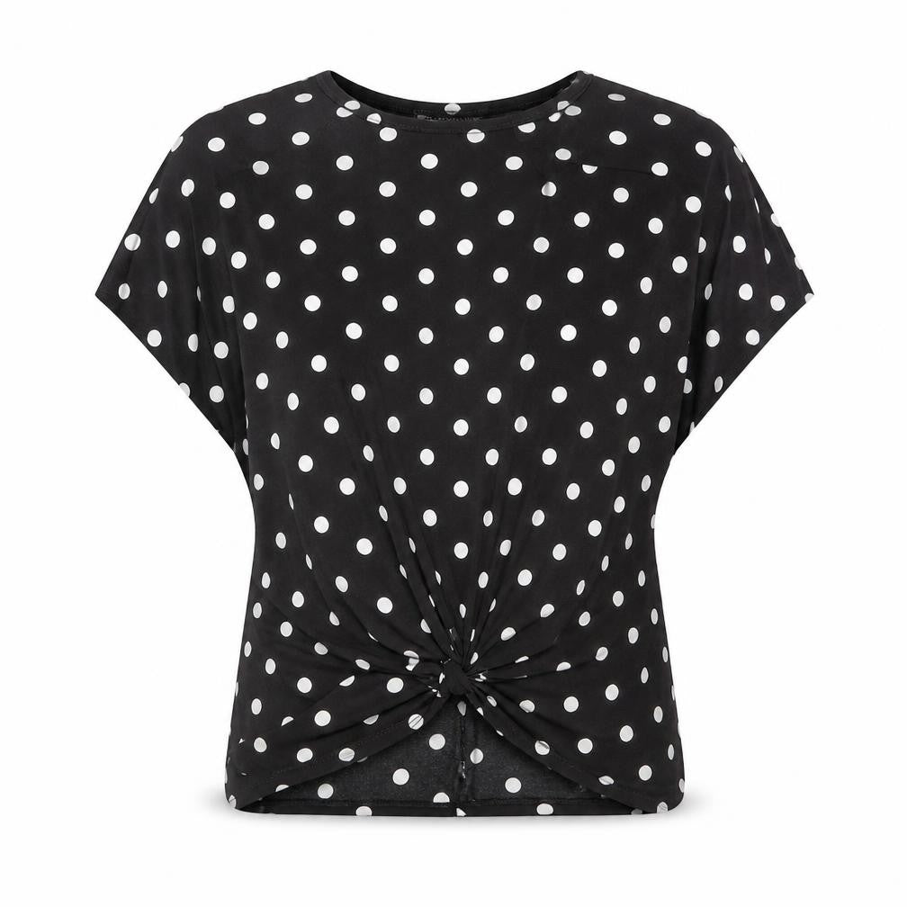 Front view of Just Elegance women’s black polka dot polyester basic t-shirt, size S, round neck - knot front