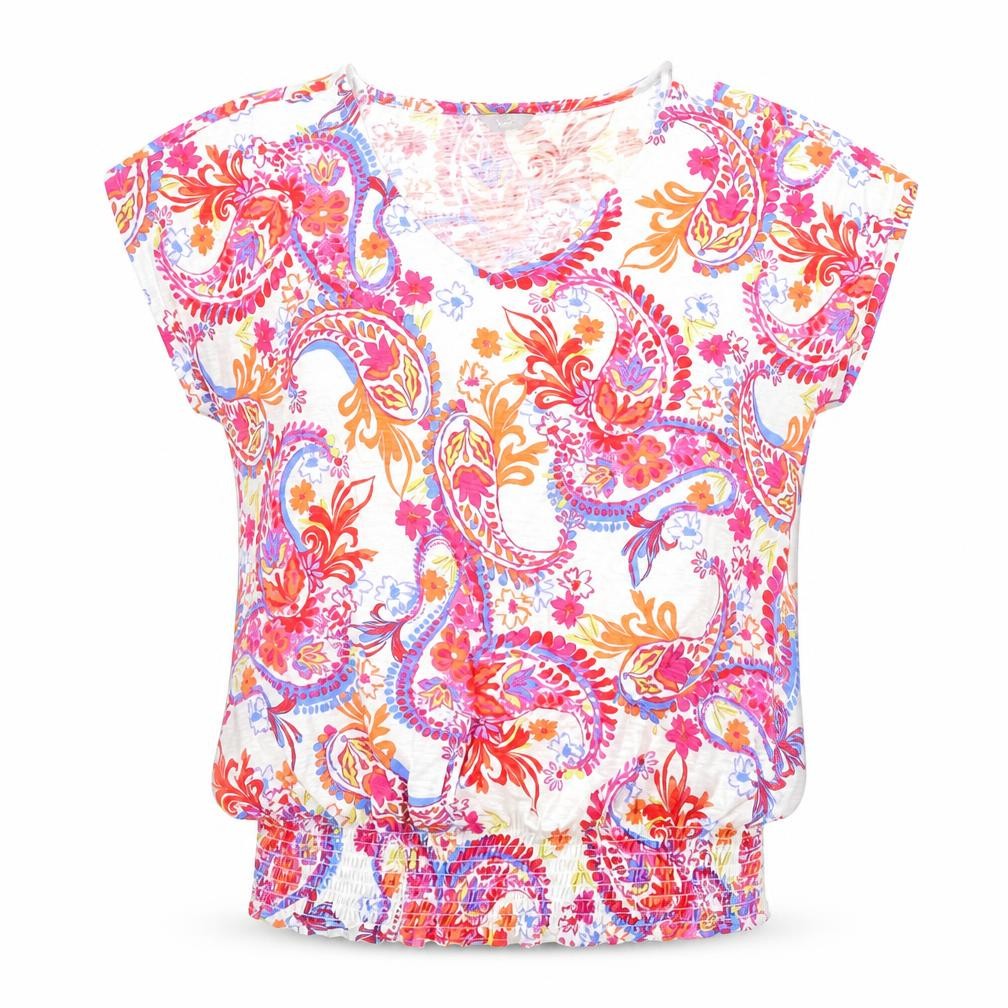 Front view of M&Co women’s multicoloured paisley 100% cotton basic blouse, size UK 10, v-neck