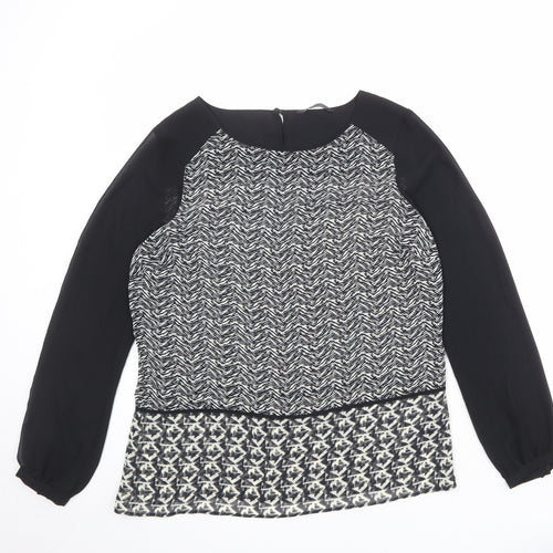 Marks and Spencer Womens Black Geometric Polyester Basic Blouse Size 12 Boat Neck