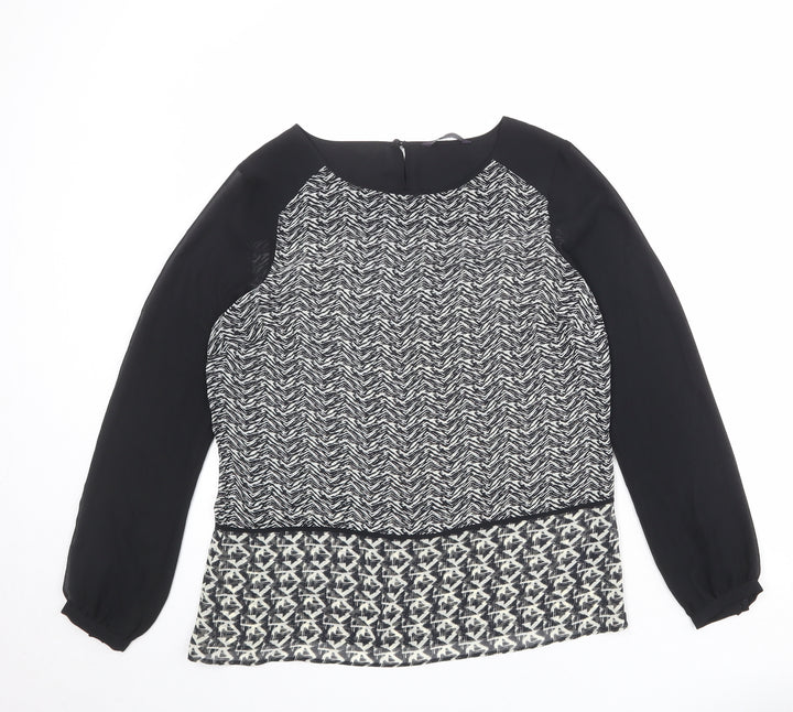 Marks and Spencer Womens Black Geometric Polyester Basic Blouse Size 12 Boat Neck